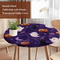 thumbnail image 5 of Round Table Cover 36-44 Inch Pumpkins Halloween Waterproof Reusable Table Cloth Round Fitted Vinyl Tablecloth with Elastic Edged for Parties Outdoors, Purple Orange Botanical, 5 of 9
