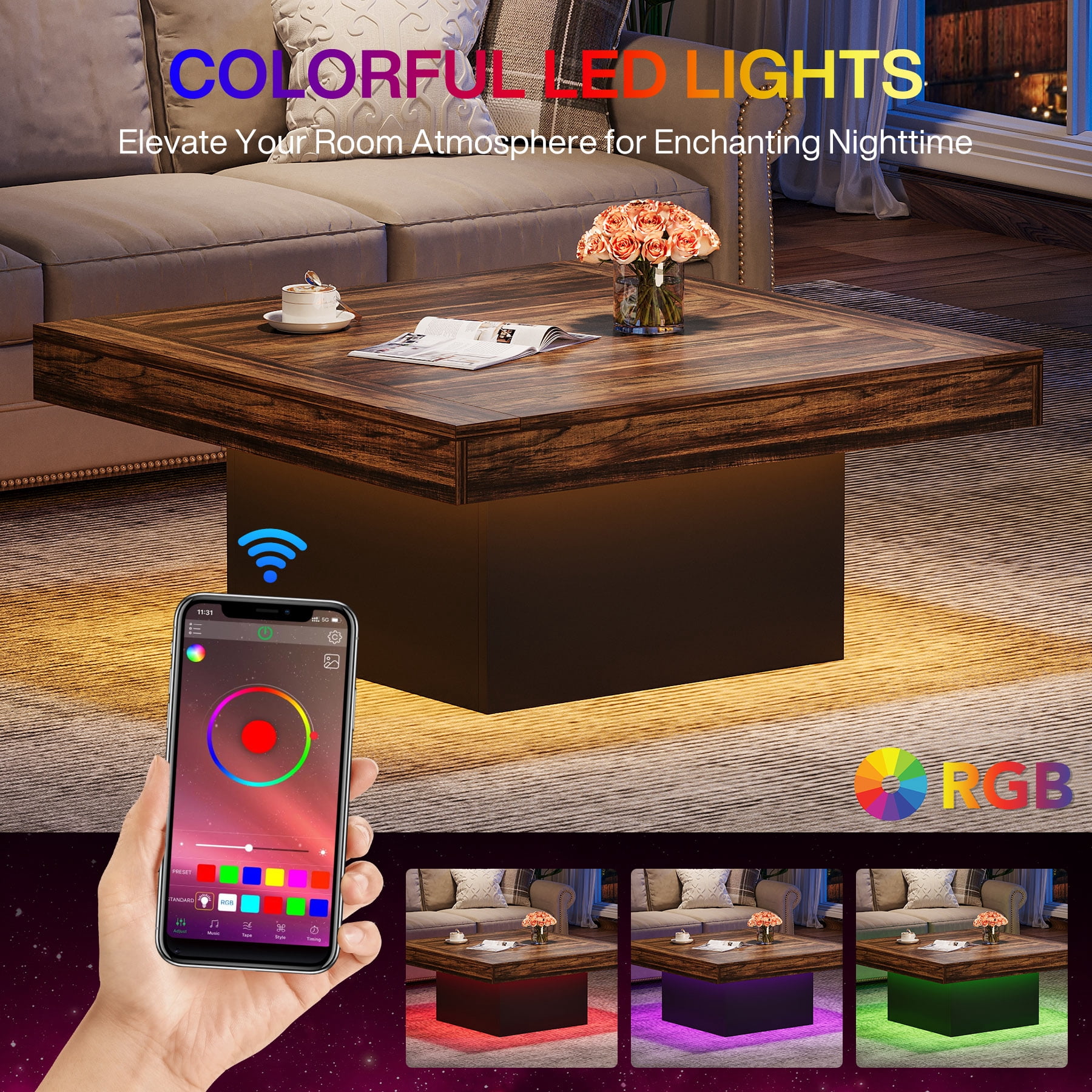 Fnova 36" Farmhouse Coffee Table with LED Lights, Rustic Wood Coffee Table for Living Room, Dark Brown and Black