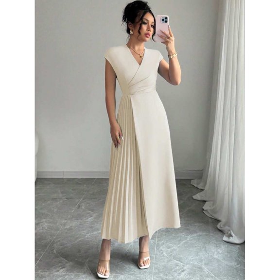 Apricot Womens V-Neck Ruched Waist Pleated Maxi Dress With Drop Shoulder Sleeve