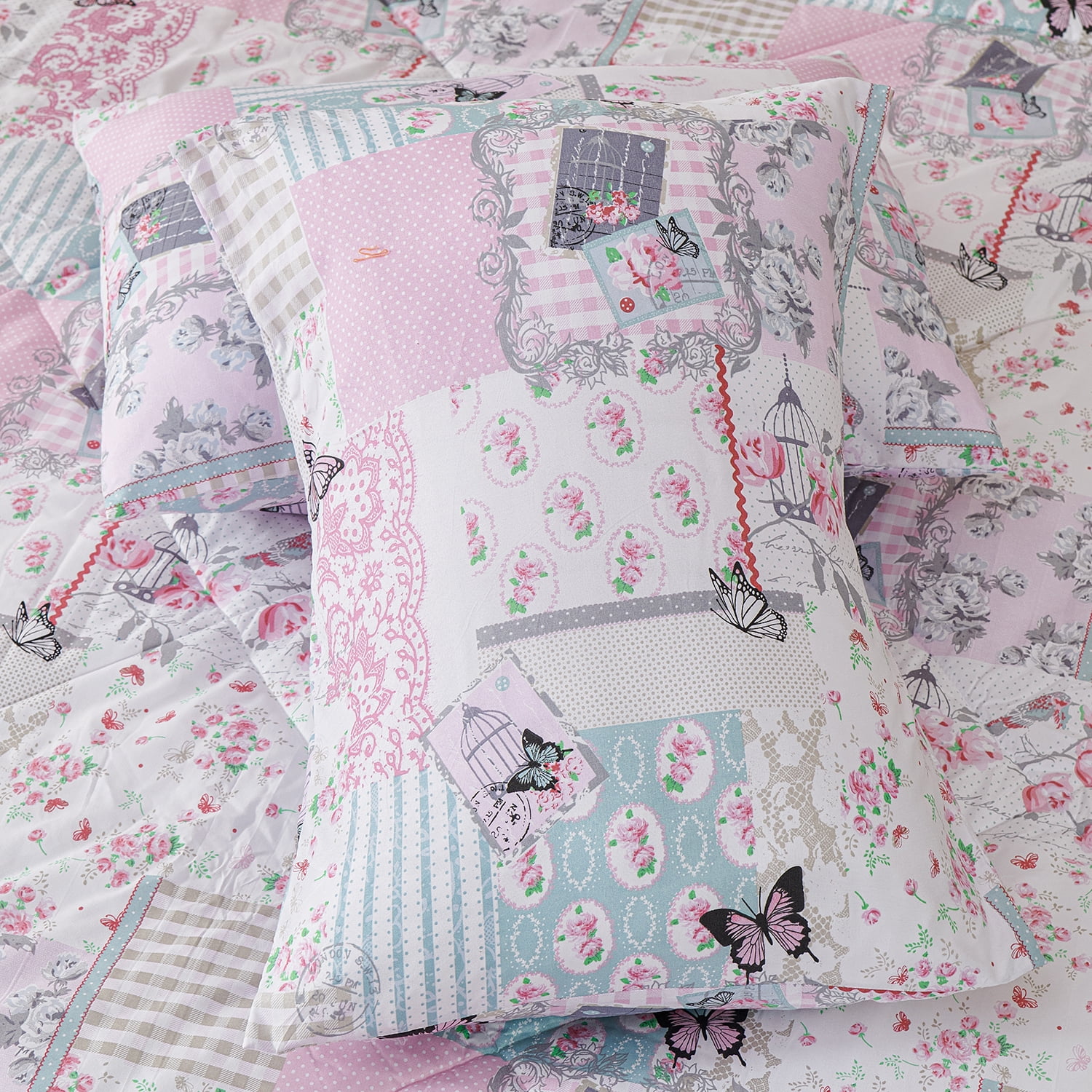 Evenhug Comforter 3-Piece Queen Purple Patchwork Floral Comforter Set With Pillowcases