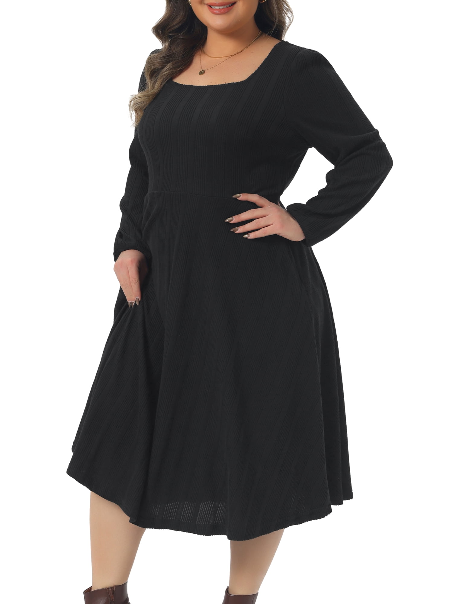 DARING DIVA Women's Plus Size Knit Long Sleeve A Line Midi Pockets Dress 4X Black