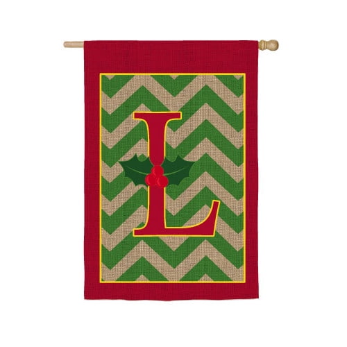Chevron Stripe Burlap Holly Monogram L House Flag