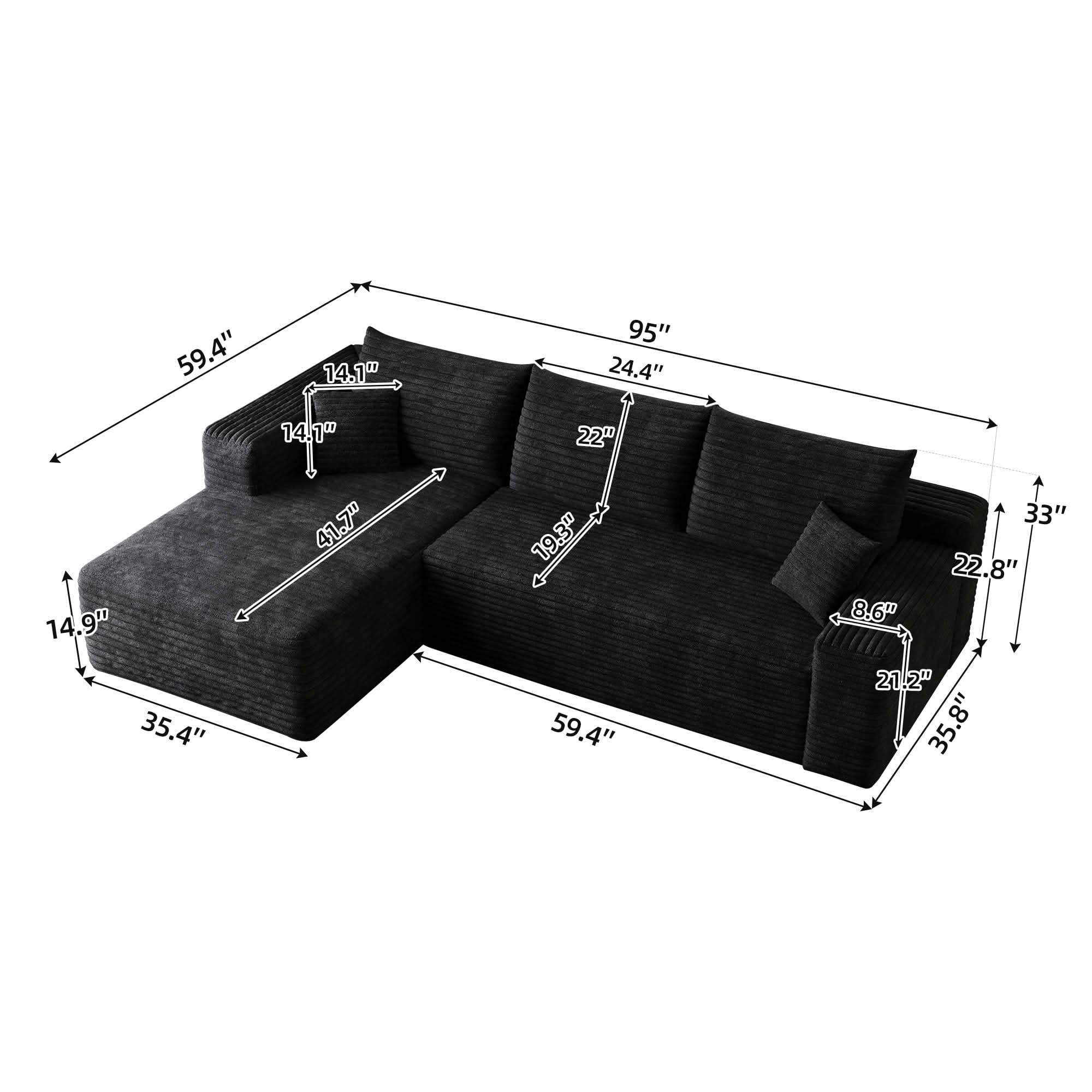MAYEERTY 95 Inch L‑Shaped Cloud Sectional Sofa, Modern Minimalist Deep‑Seat Corner Couch, Plush Corduroy Upholstered Reversible Sofa, No‑Assembly Required for Living Room Bedroom Apartment