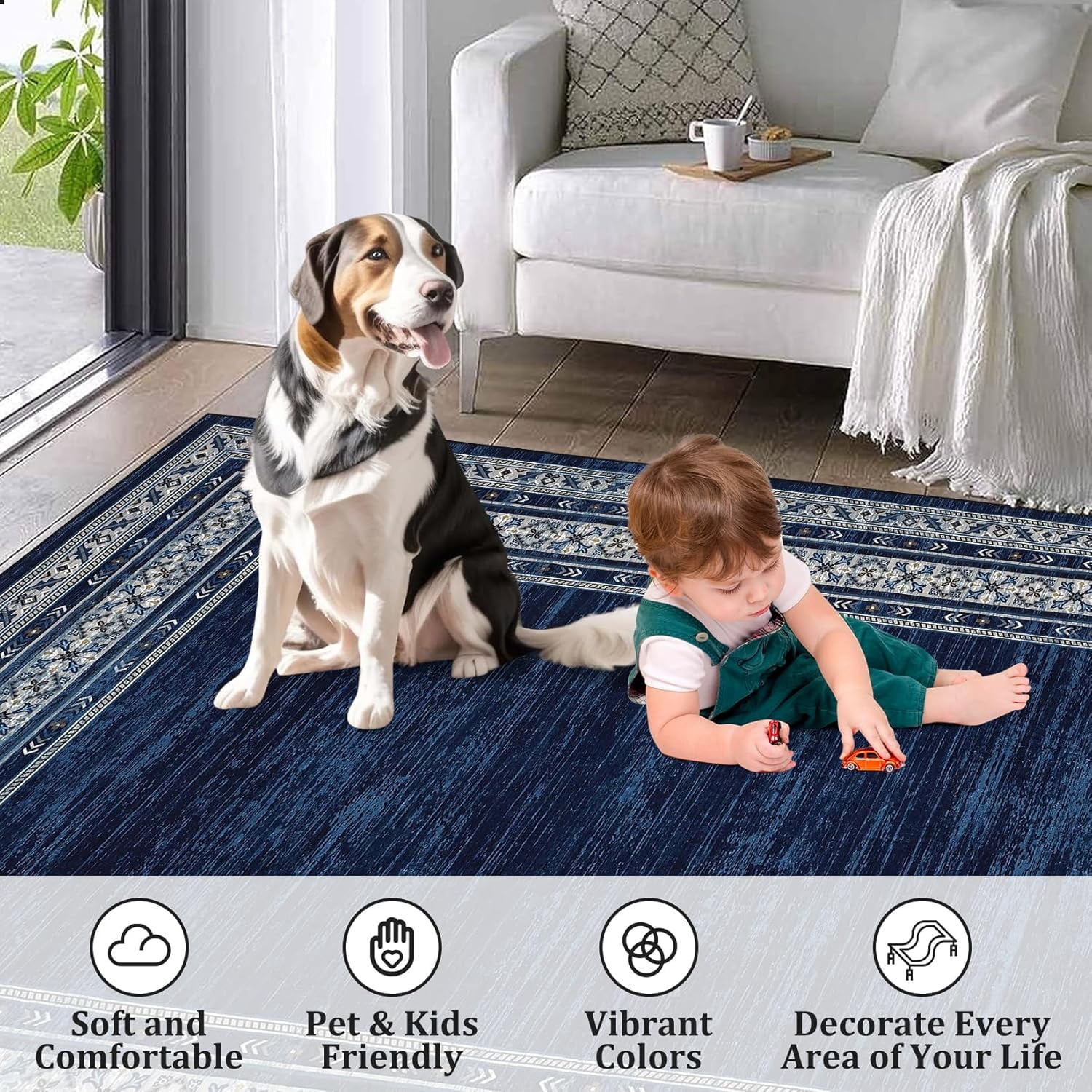 Memoryfield 9'x12' Area Rug, Modern Bordered Washable Rugs Soft Foldable Accent Rugs for Indoor Living Room Bedroom, Blue