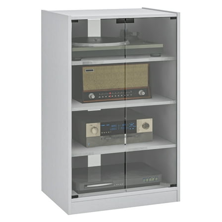 Media Cabinet, 4-Tier Stereo Cabinet, Modern Audio Video Media Stand with Adjustable Shelves, Tempered Glass Doors, and Cable Management, Distressed White