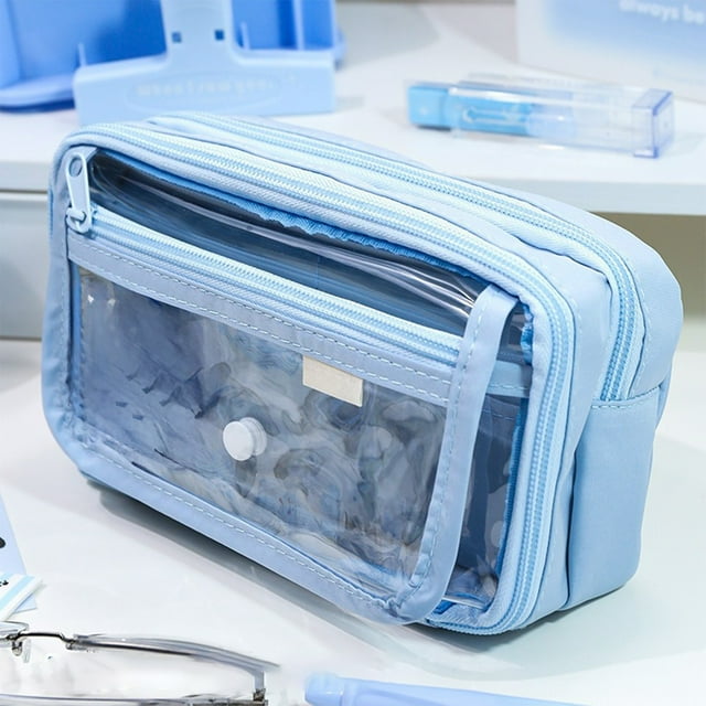 SPOORYYO Multi Layer Stationery Storage Bag, Large Capacity Pen Case with Waterproof Fabric, Transparent PVC Front, Convenient Zipper Design