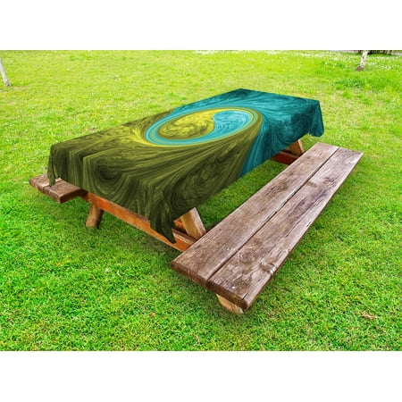 

Spires Outdoor Tablecloth Zen Eastern Spiral Psychedelic Design Figure with Sunny Side Asian Ethnic Design Decorative Washable Fabric Picnic Tablecloth 58 X 104 Inches Khaki Teal by Ambesonne