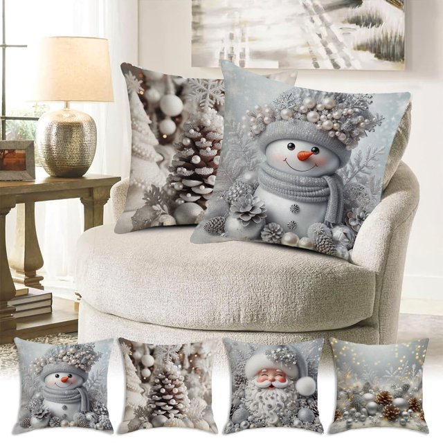 Christmas Throw Pillow Cover 18x18 Inch Snowman Design Linen Holiday Decor for Sofa Bed