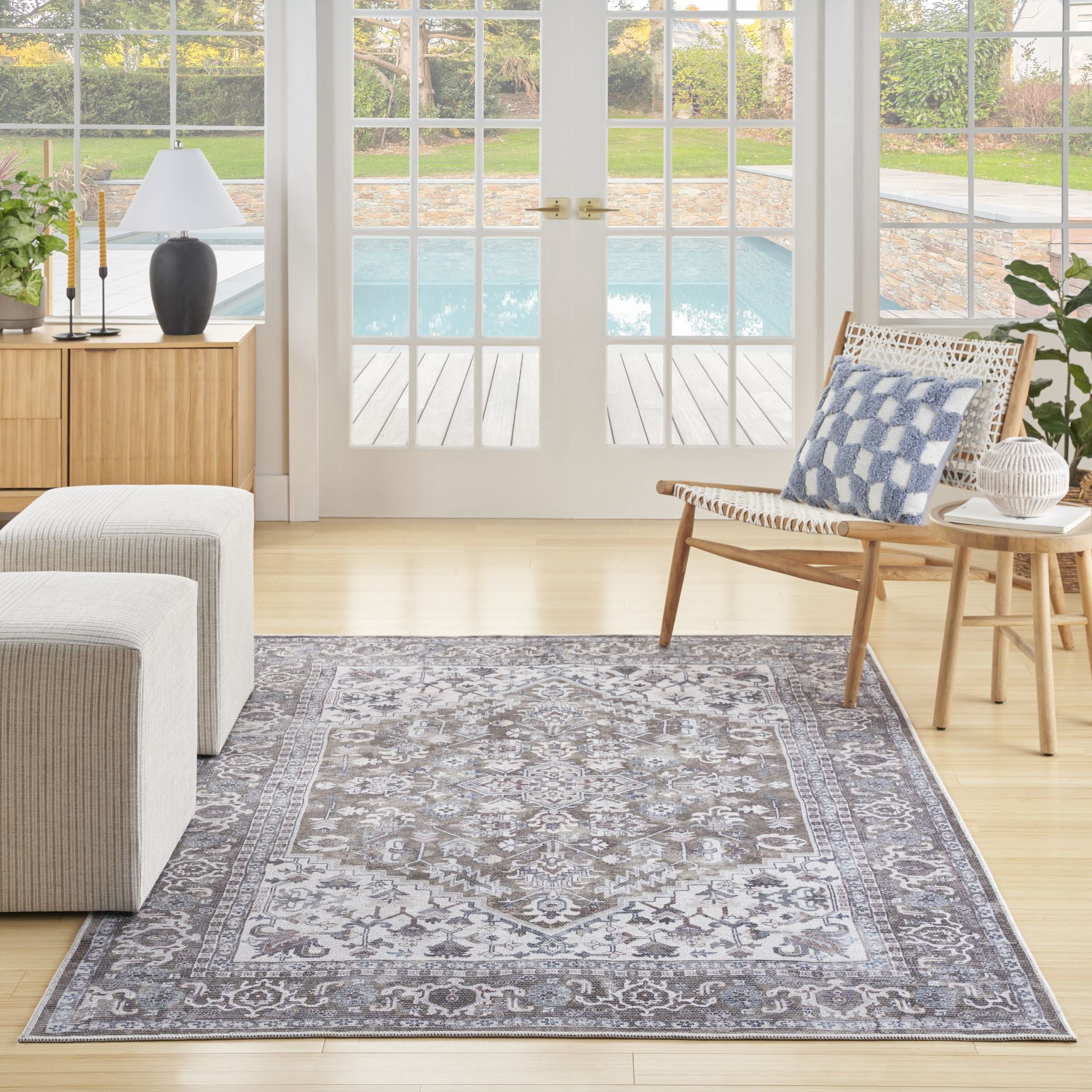 Nourison New Concept Washables 5'3" x 7'3" Olive Ivory Vintage Indoor Non-Slip Flatweave Rug