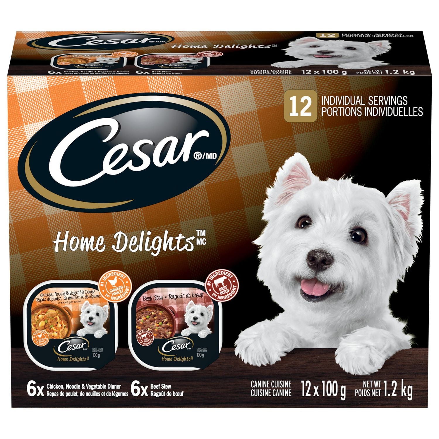 Nourriture humide pour chiens adultes CESAR Home Delights format variété - ragoût de bœuf et repas de poulet, de nouilles et de légumes 12x100g