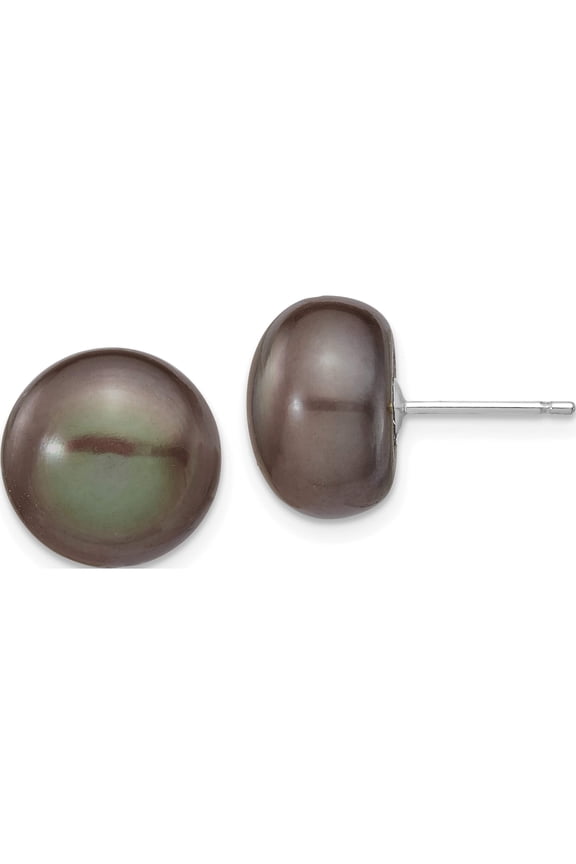 14K White Gold 11-12mm Black Button Fw Cultured Pearl Stud Post Earrings Made In Canada xw110bb