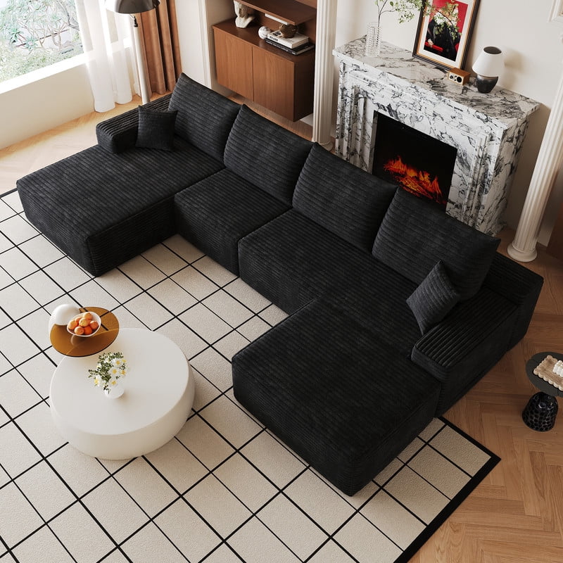 135" Cloud Sectional Sofa with Ottoman, U-Shaped Modular Sofa Couch with Chaise, Modern Minimalist Deep Seat Upholstered Sectional for Living Room, Plush Corduroy Fabric Corner Sofa