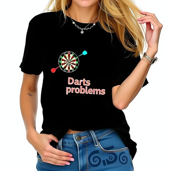 Stylish Cotton Short Sleeve T-Shirt with Playful Dartboard Graphic & 'Darts Problems' in Bright Pink