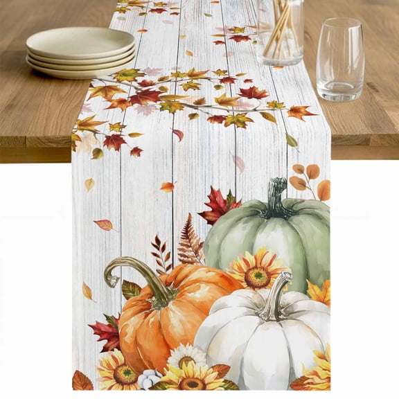 Green Orange Fall Table Runner - 108 Inch Long Thanksgiving Pumpkins Maple Leaf Vintage Cotton and Linen Blended Dress Scarves Farmhouse Table Runner for Kitchen Dining, Coffee Table, 13" x 108"