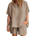 thumbnail image 2 of Baqcunre Women's Loose Solid Cotton Linen Sets,Round Neck Top and Shorts Set,Size M-3XL,Lounge Sets for Women,Two Piece Sets for Women,Vacation Outfits for Women,Womens Clothes,Color Coffee, 2 of 6