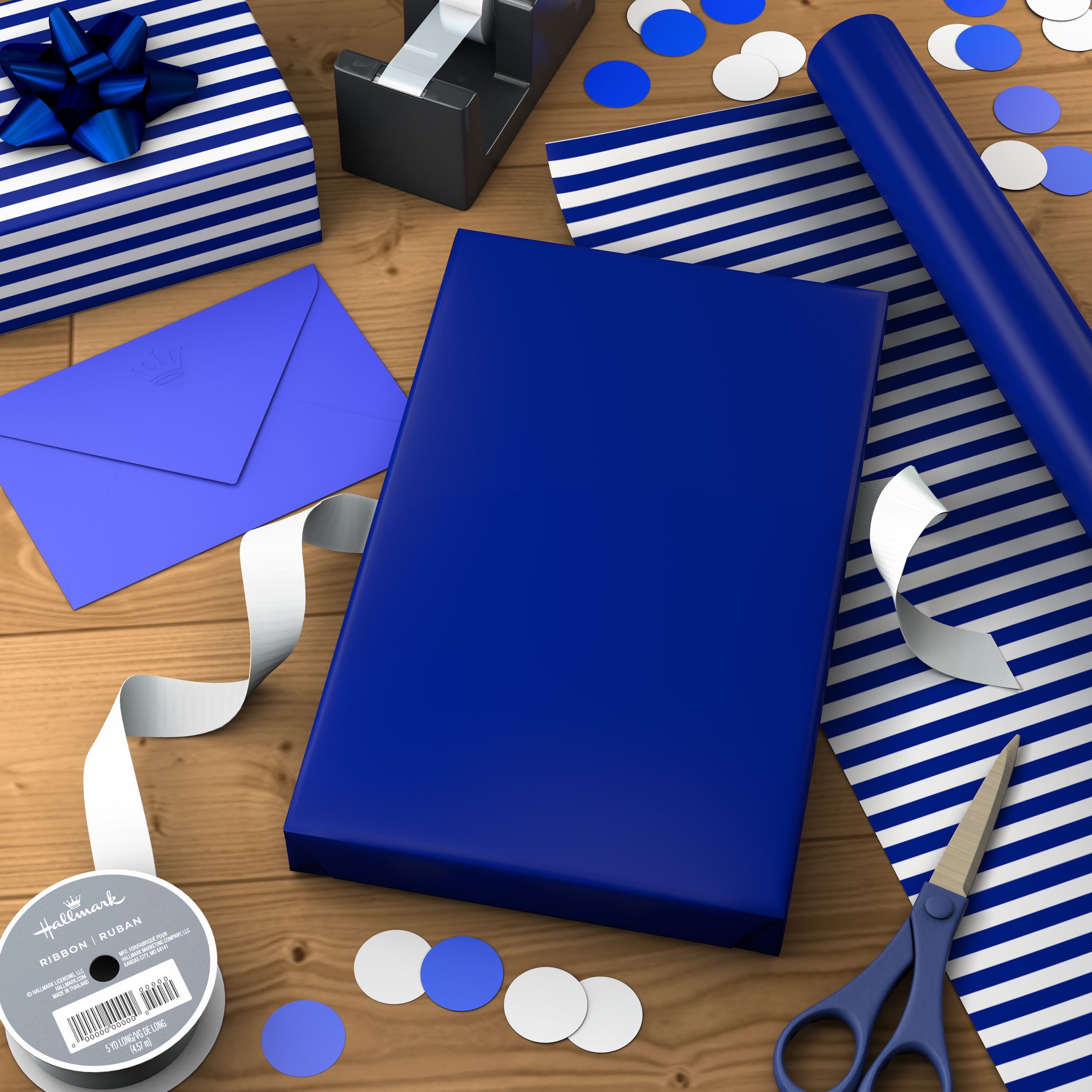 Hallmark Reversible Wrapping Paper Roll (Royal Blue Solid and Striped) 20 sq. ft.