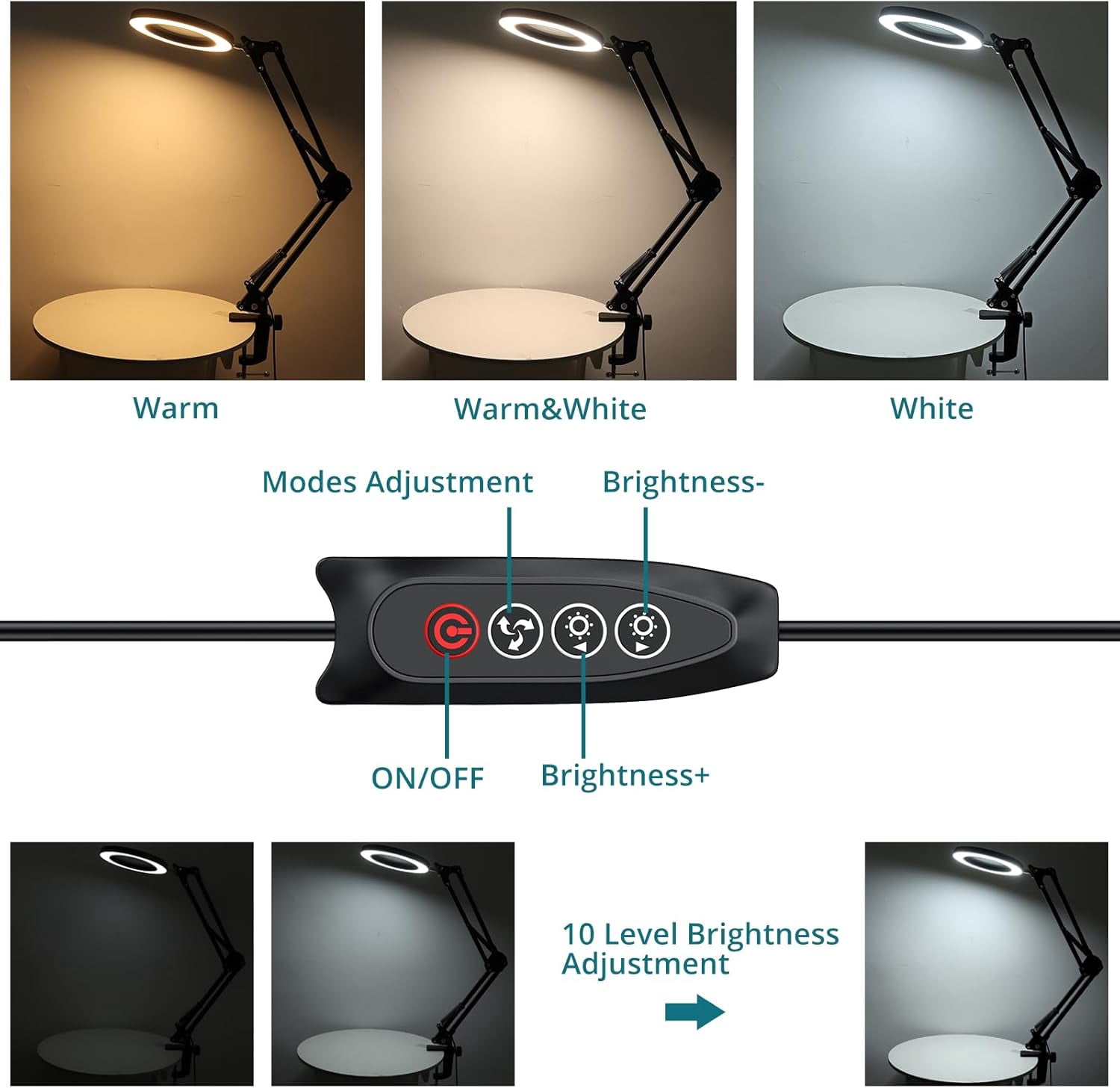 Magnifying Glass with Light and Clamp, 29 inch Adjustable Swivel Arm Lighted Magnifying Desk Lamp, LED 3 Color Modes,10 Brightness, Hands Free Flexible Magnifier for Hobby Close Work, Reading