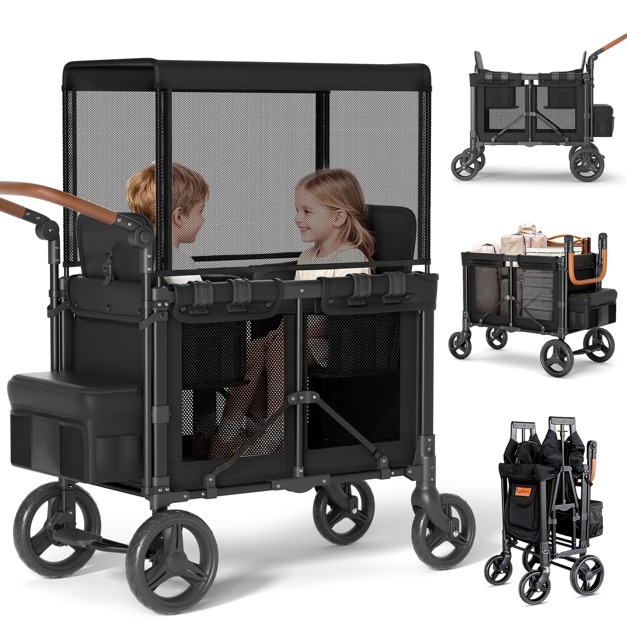 TouHeart Foldable Wagon Stroller for 2 Kids, 3-in-1 Stroller Wagon with Canopy, 5-Point Harness, 180° Adjustable Handlebars, Removable Seat for Toddlers and Child, Black