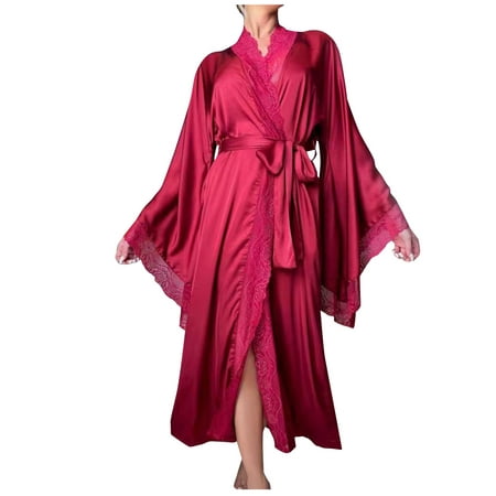 

Summer Pajama Sets For Women Soft Cotton Ice Silky Robe With Trim Silky Kimono Feather Trim Cuffs Long Bathrobe With Tie Nightgowns For Women Soft Short Sleeve
