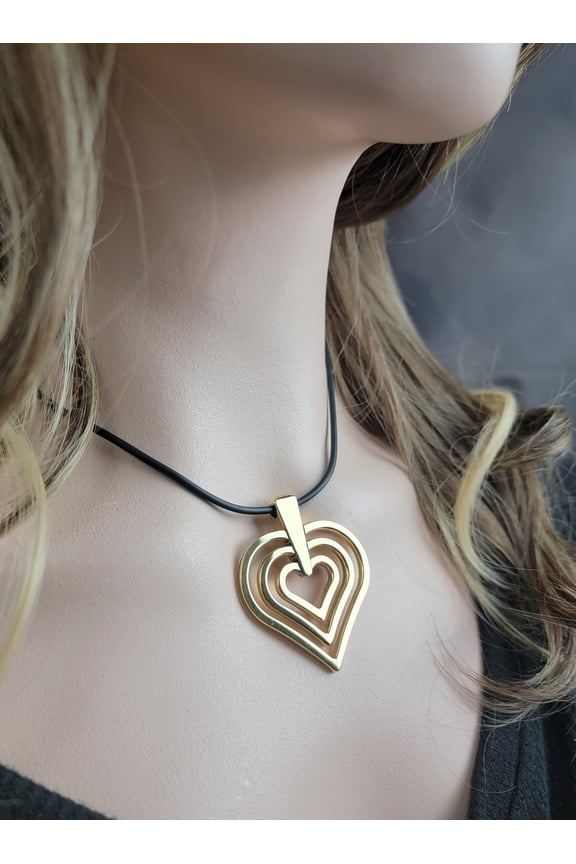 Iseult Concentric Heart Gold Tone Pendant Black String Necklace 16"