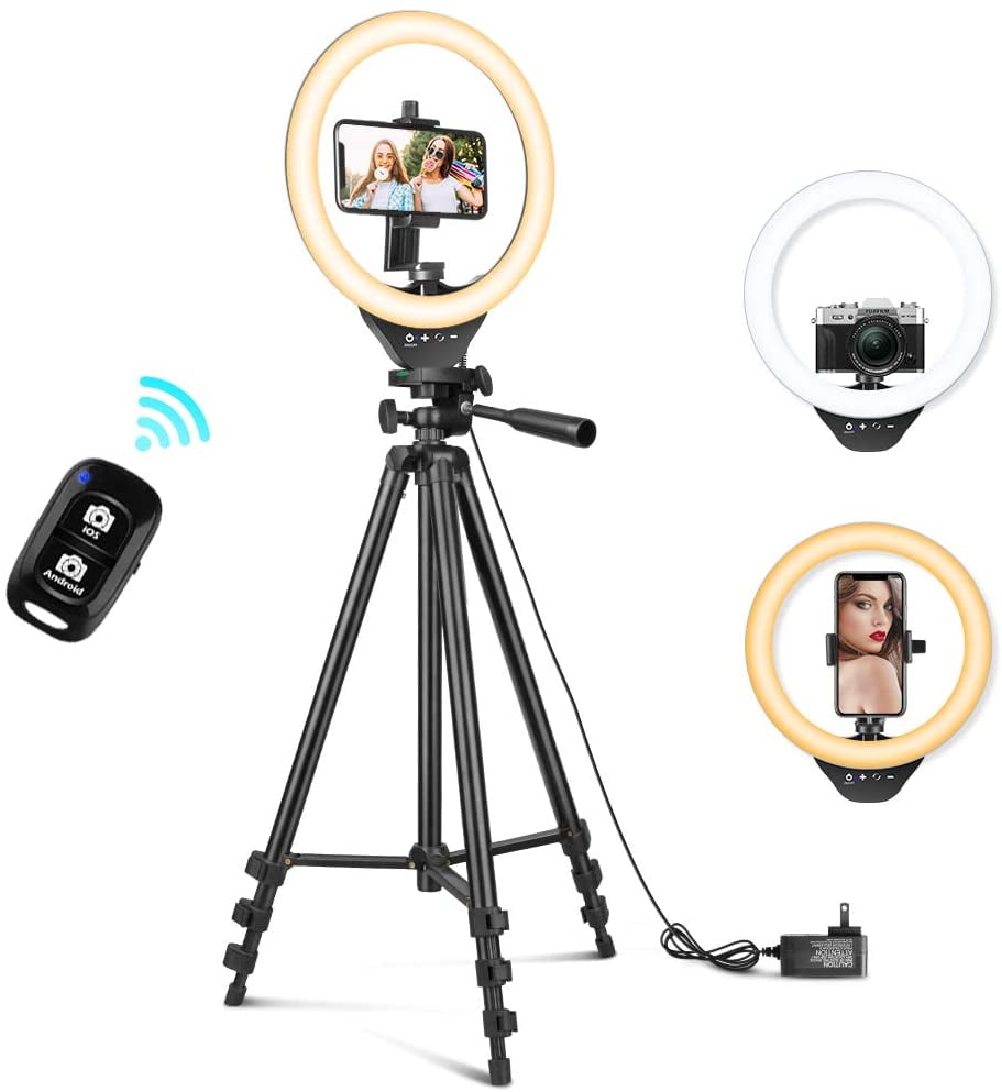 ZXCVASDF 10 Ring Light with 50 Extendable Tripod Stand Circle Lights with Phone Holder for Live Broadcast Makeup YouTube Video Compatible with iOS/Android 