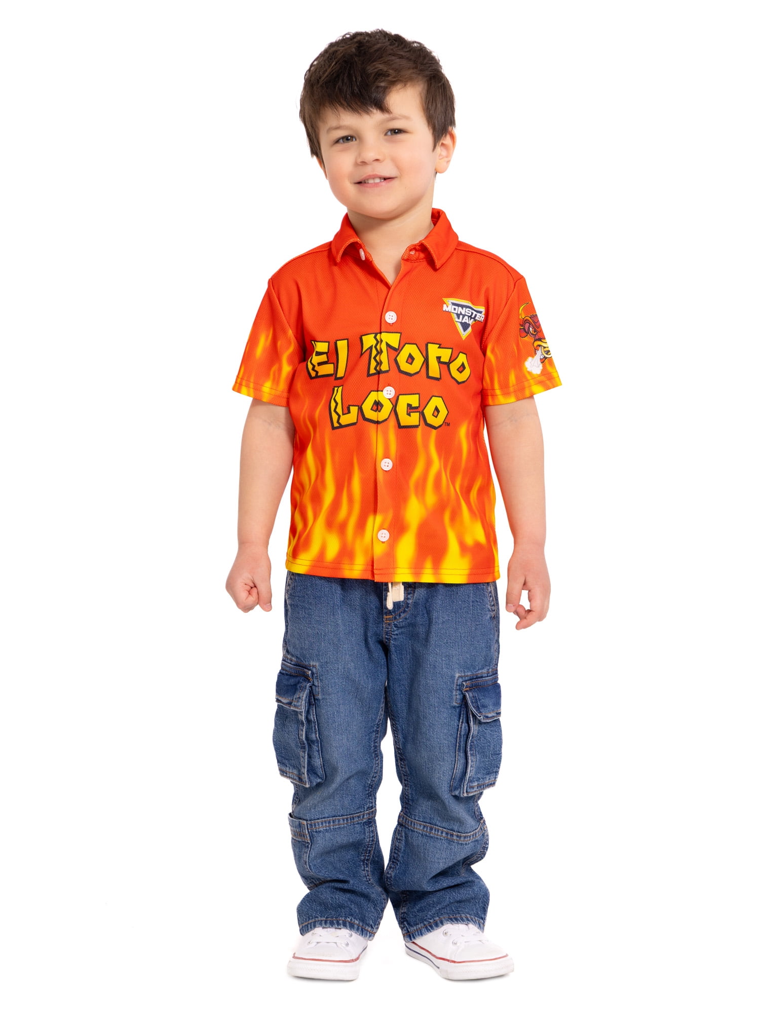 Monster Jam El Toro Loco Toddler Boys Button Shirt with Short Sleeves, Sizes 12M-5T