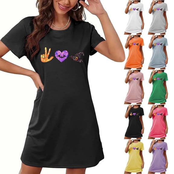 Ounisa Women's Plus Size Halloween Graphic Short Sleeve Crew Neck Nightgown, Soft Cute Print Short Sleepshirt for Cozy Fall Nights