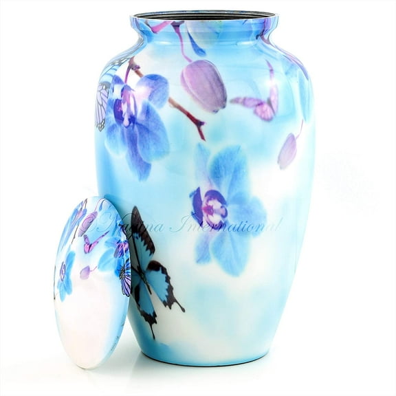 10" Large Metal Classic Cremation Beautiful Printed Urns | Cremation Ash Remains Storage Funerary Urns | Adult Human & Pet Loss Urns (Orchid Blue)