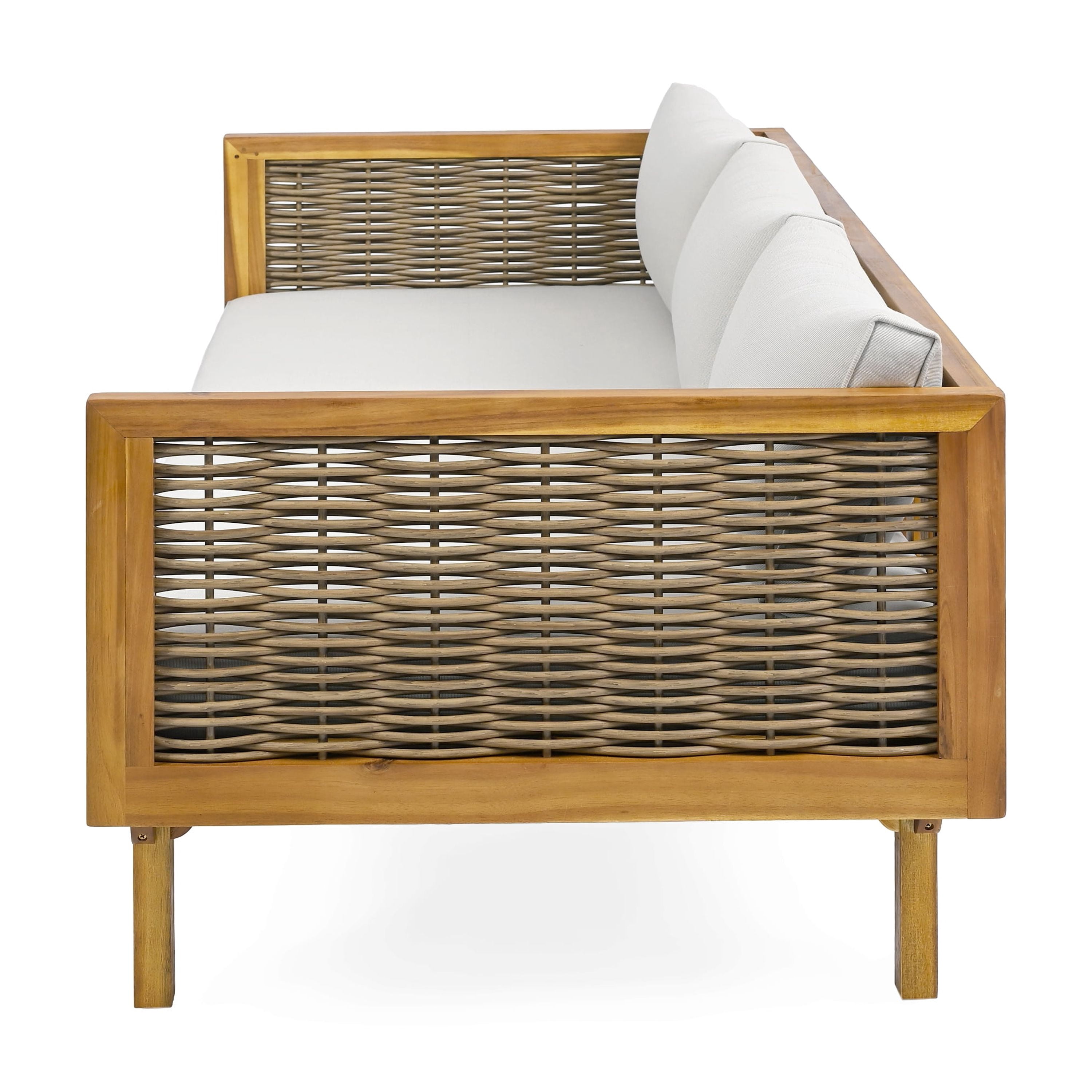 Daybed 3 Seater, Outdoor Daybed, Patio Daybed with Rattan Arms and Acacia Wood Frame, Slat Paneling and Water-Resistant Cushions, Backyard Lounge Furniture, Light Grey Cushion