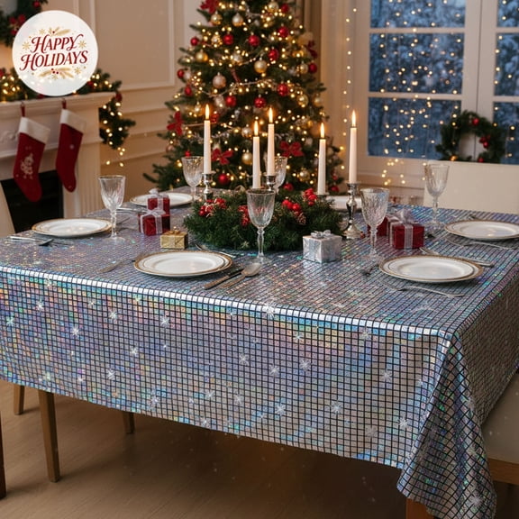 Holographic Disco Star Tablecloth, Indoor Outdoor Christmas Xmas Decorations, Shiny Plastic Table Cover Decor for New Year Dinner Party Home Decor