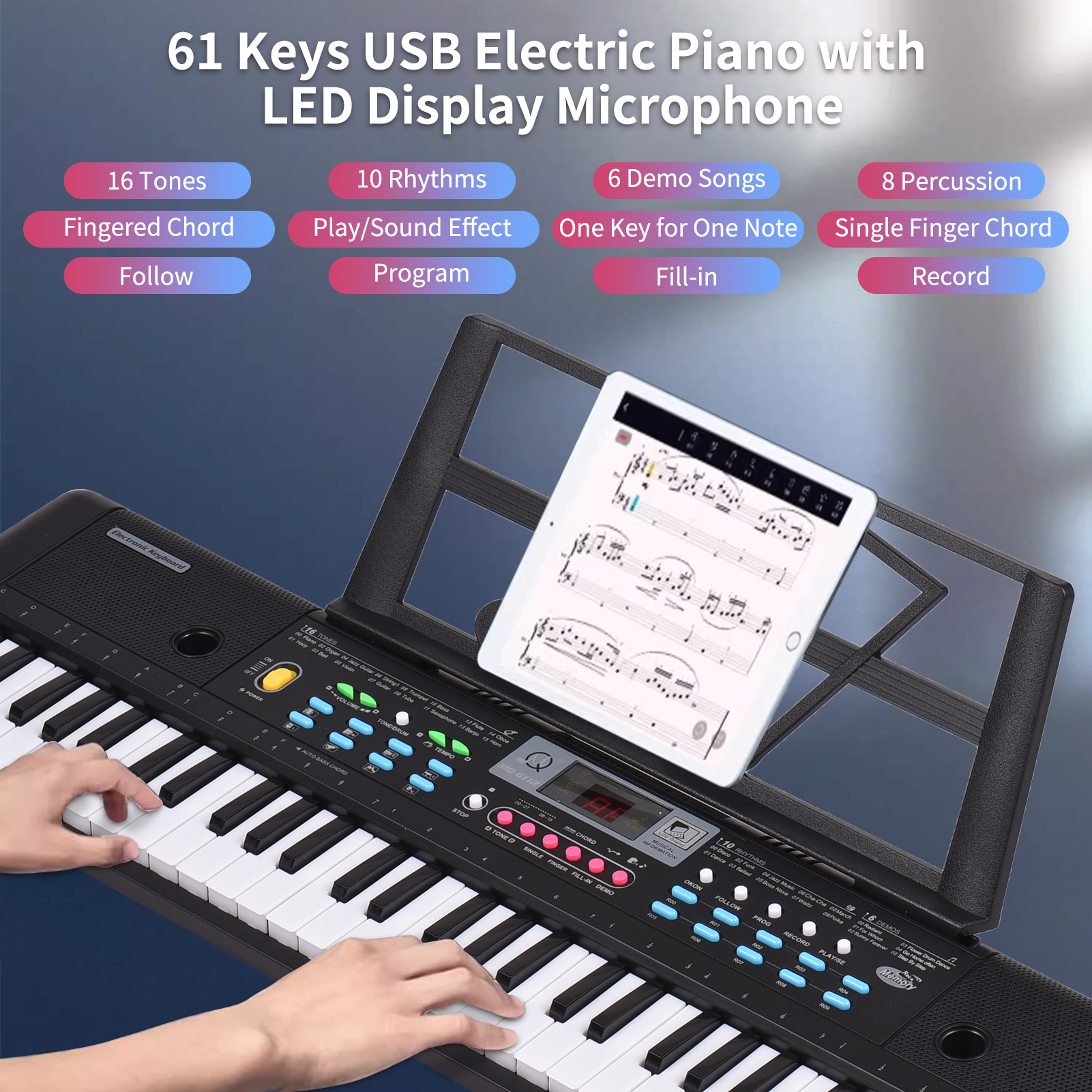 Piano électronique 49 Touches Btuty Avec Microphone - Pour Enfants, 16 Sons, 8 Rythmes, Alimentation USB/piles