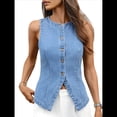 thumbnail image 3 of Chaleco Vaquero Elástico Sin Mangas para Mujer, con Botones y Cuello Redondo, Informal, Estilo Western para Verano Azul XL, 3 of 10
