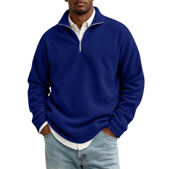 Lumtrix Men's Quarter Zip Up Pullover Mock Neck Long Sleeve Sweater Casual Corduroy Sweatshirt Lightweight Work Sports Tops Dark Blue M