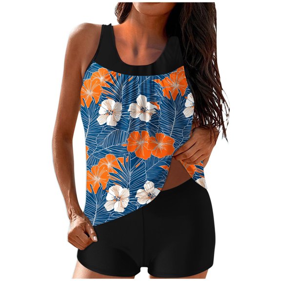 CLOISE Womens Plus Size Swimsuits Tankini Two Piece with Boy Shorts High Waisted Full Coverage Swimwear Flowers Vacation Beachwear