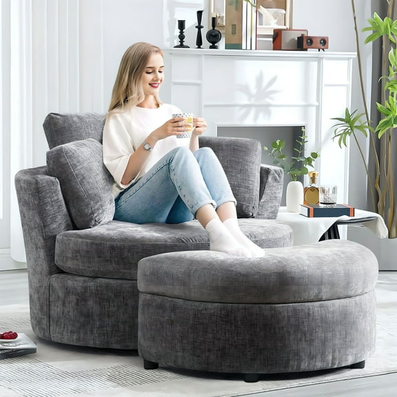 Muumblus Chenille Swivel Barrel Accent Chair with Storage Ottoman, Oversized Comfy Armchair for Living Room Bedroom, Gray