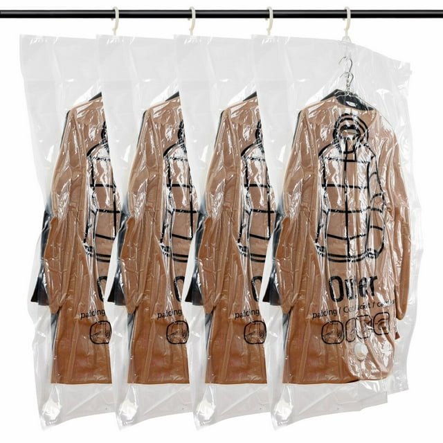 4 Pcs Hanging Vacuum Storage Bags, 26.4" x 43.3" Large Vacuum Seal Bags for Coats Jackets, Hanging Clothing Storage Bags, Space Saver Closet Organizer
