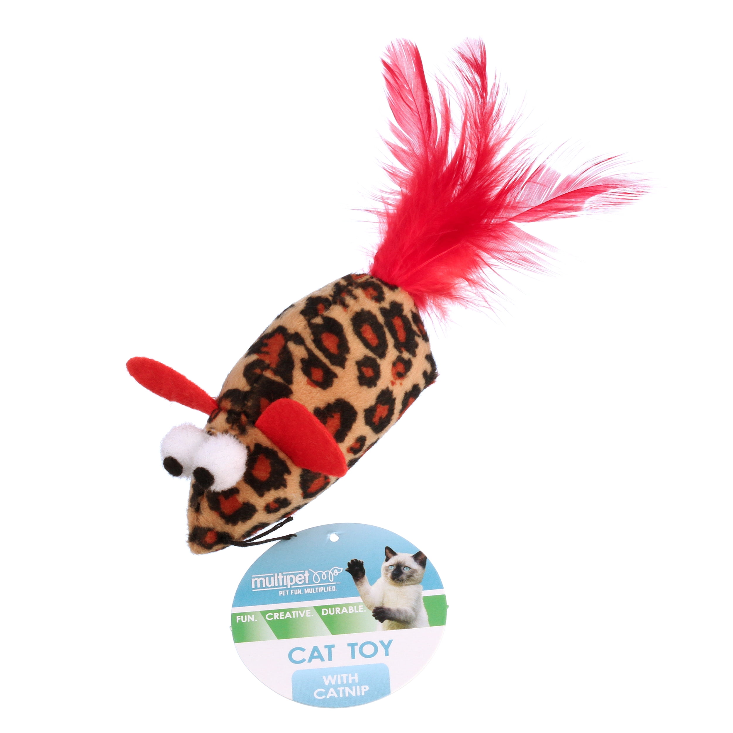 Multipet Feather Mice Plush Catnip Cat Toy, Cheetah, Red Feather