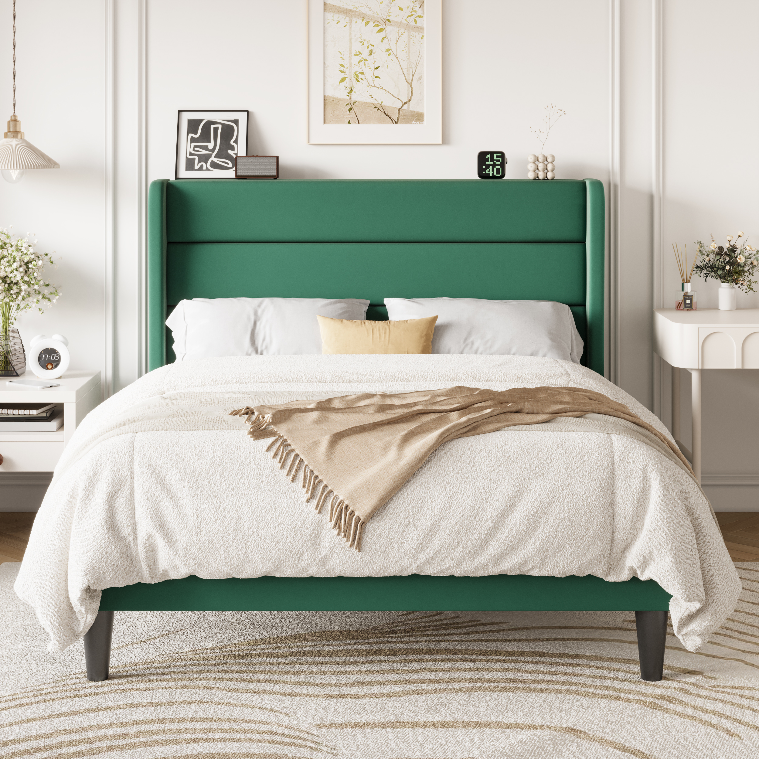 Einfach Full Size Luxury Velvet Upholstered Platform Bed Frame with Wingback Headboard, Green
