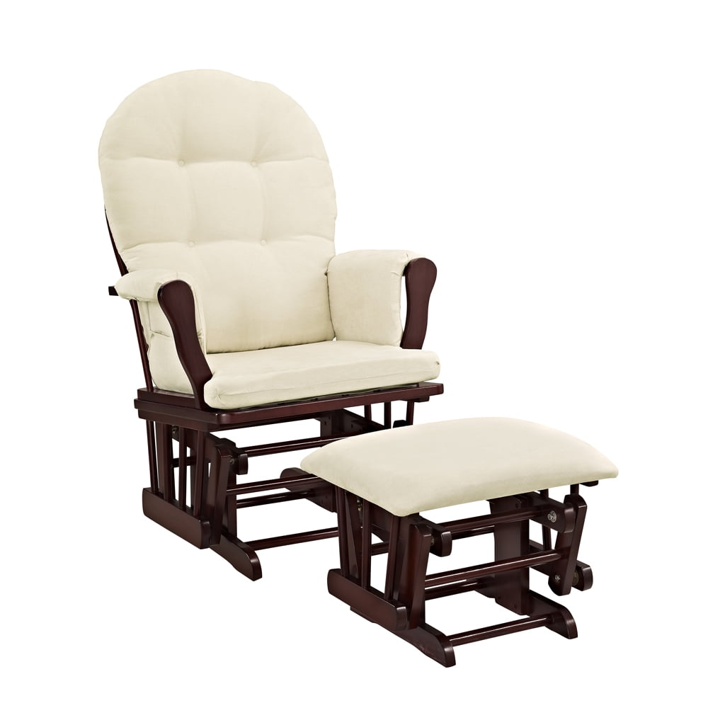 storkcraft bowback glider and ottoman cherry finish and beige cushions