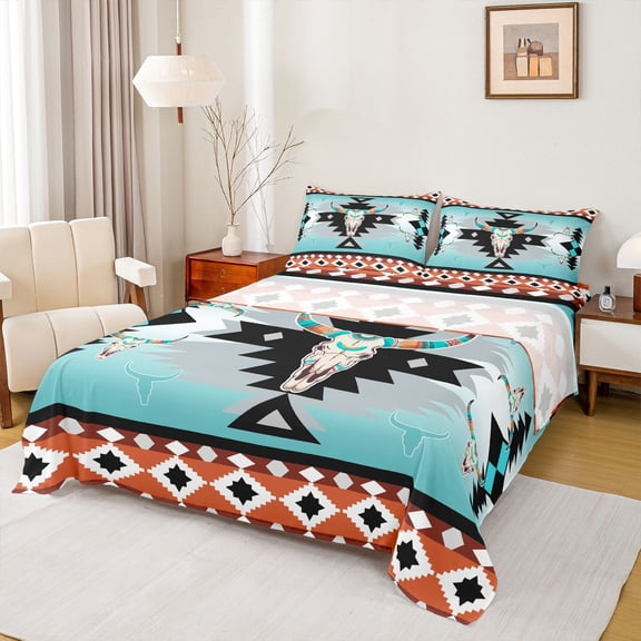 jejeloiu Exotic Bull Skull Twin Sheet Sets,Boho Tribal Twin Fitted Sheet,Aztec Geometric Rhombus Flat Sheet For Men Women,Ultra Soft Home Decor,3-Piece
