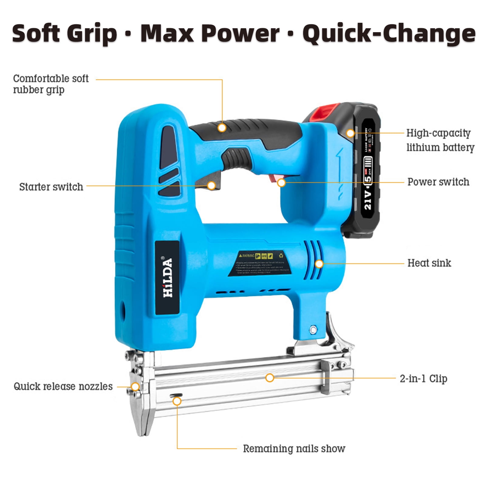 YILIFEIDA Cordless Electric Nail Gun, Naile with Battery 1.5Ah X 2 & Charger, Quick Reload Magazine, Anti Jam Technology, Lightweight Design, 1000pcs Nails, Cordless Brad Nailer for DIY Project