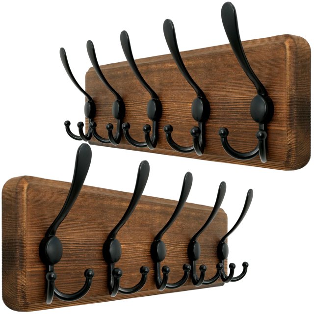 Perchero WEBI de madera montado en la pared con 5 ganchos triples, color marrón, paquete de 2