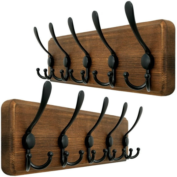 Perchero WEBI de madera montado en la pared con 5 ganchos triples, color marrón, paquete de 2
