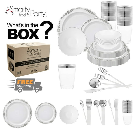 Smarty White with Silver Vintage Disposable Plastic Tableware Set (120 Guests)