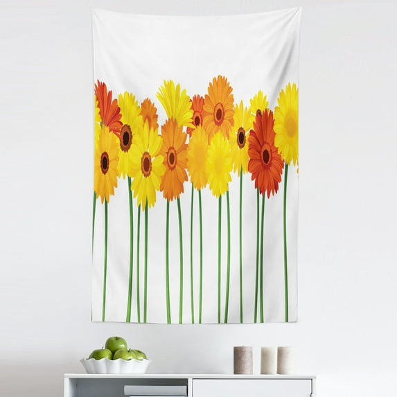Gerber Daisy Tapestry, Orange and Yellow Color Flowers on Green Stems Horizontal Border, Fabric Wall Hanging Decor for Bedroom Living Room Dorm, 5 Sizes, Orange Yellow and Green, by Ambesonne