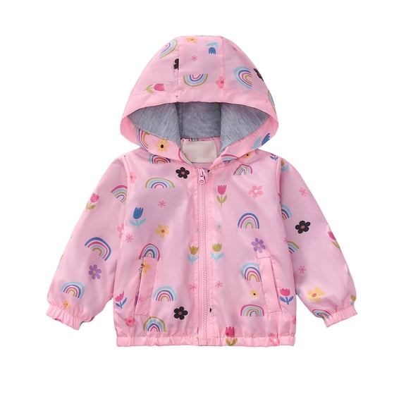 Zpanxa Girls Winter Coats Girls Rainbow Floral Print Fleece Lined Hooded Windbreaker Kids Lightweight Warm Transition Jacket