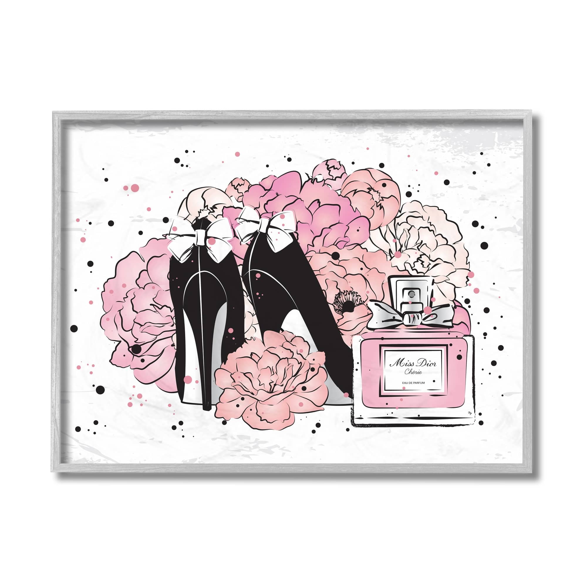 Stupell Industries Glam Pink Peonies Black Fashion Bow Heels Beauty & Fashion Painting Black Framed Art Print Wall Art, 16 x 20