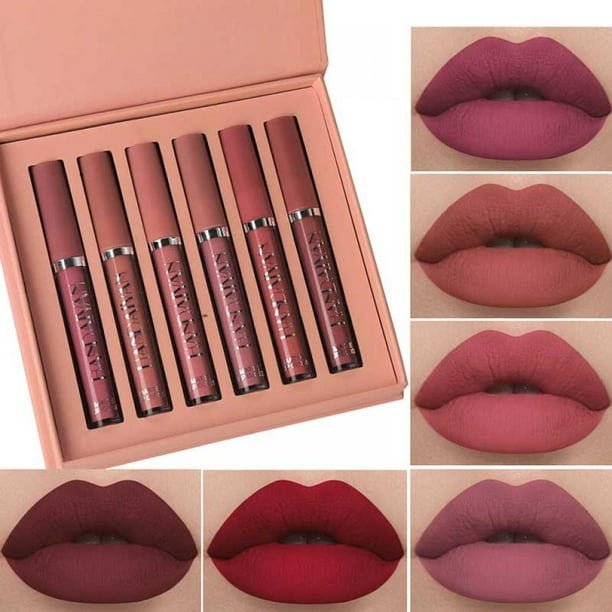 6Pcs Matte 24hour Liquid Lipstick Sets,Matte Dark Red Purple Permanent Stay on Lipstick Lip Set