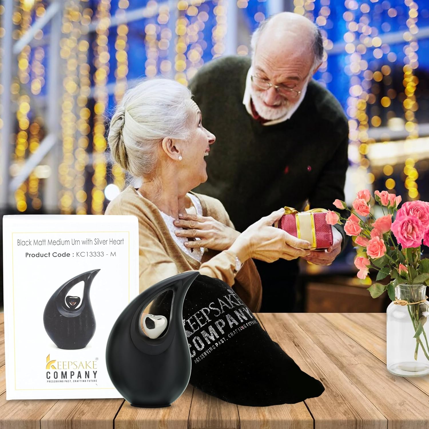 Black Matte Tear Drop Small Urns for Human Ashes with Silver Heart (6 Inch Height) - Unique Medium Urn - Decorative Urns - Cremation Urn - Burial Urns - Keepsake Urn - Funeral Urn - Small Pet Urns
