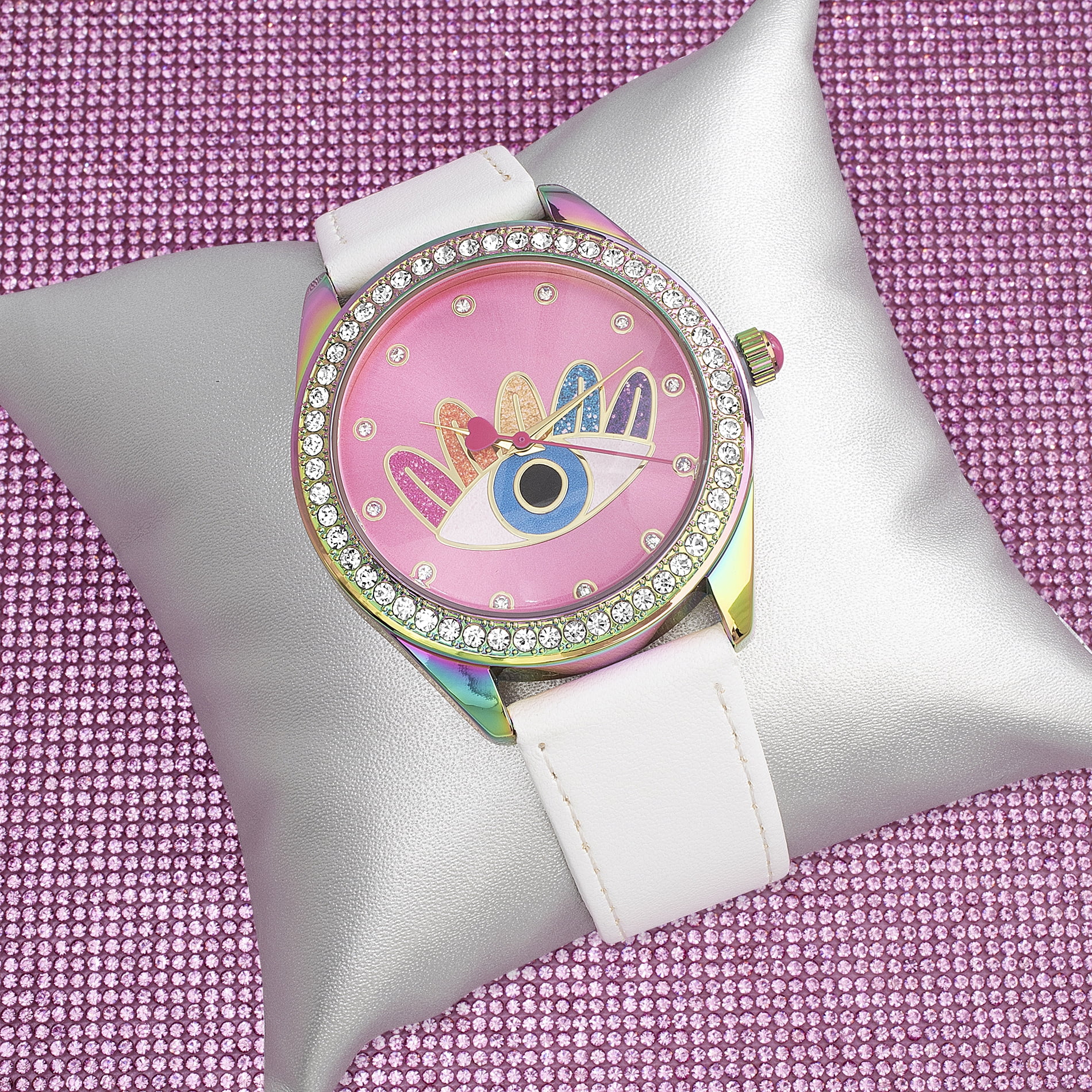 Luv Betsey Women's Sunray Evil Eye Art Dial with Oil Slick Case and White Strap Women's Watch